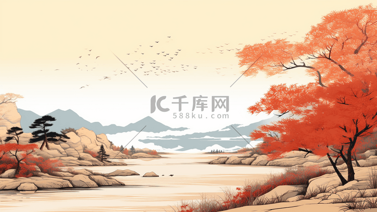 秋季中国风山水风景插画24