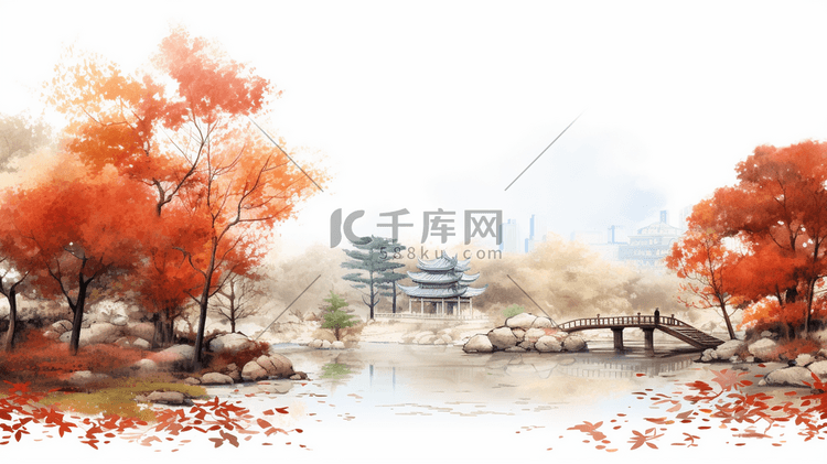 秋季中国风山水风景插画15