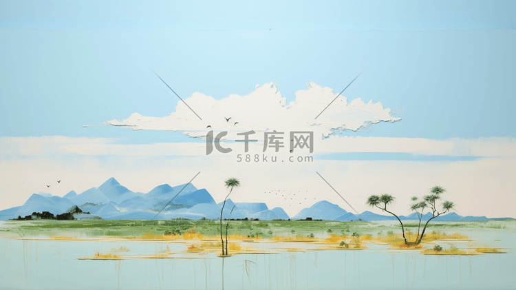 油画质感厚重青绿中国山水风景插画23