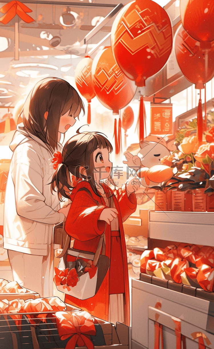 新年一家人逛超市买年货场景手绘插画