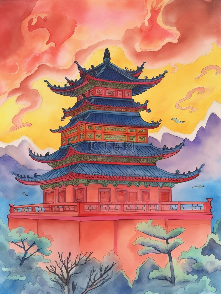 中国风古代宫殿镀金建筑水彩画20