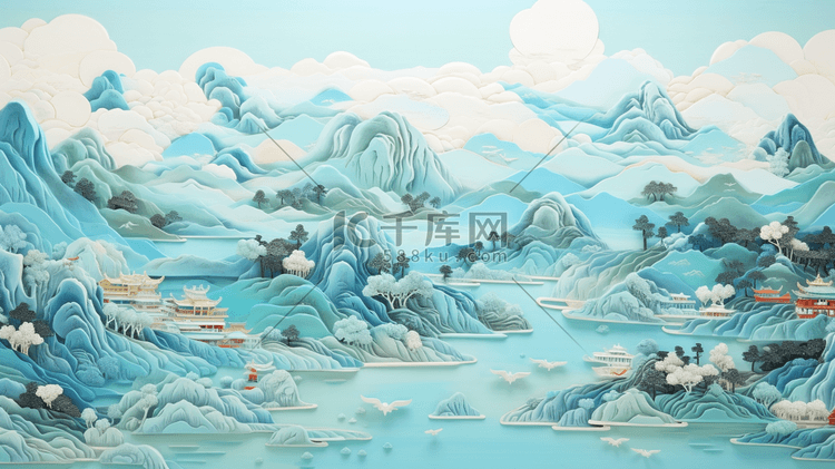 油画质感厚重青绿中国山水风景插画16
