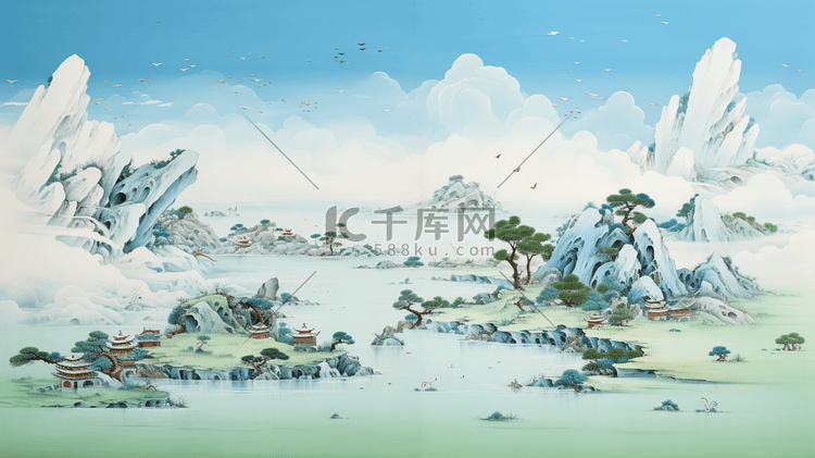 油画质感厚重青绿中国山水风景插画4