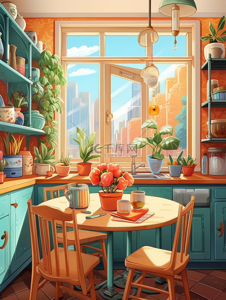 厨房圆形餐桌窗户彩色壁纸儿童书籍插图12