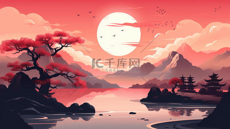 手绘唯美日落山水风景插画16