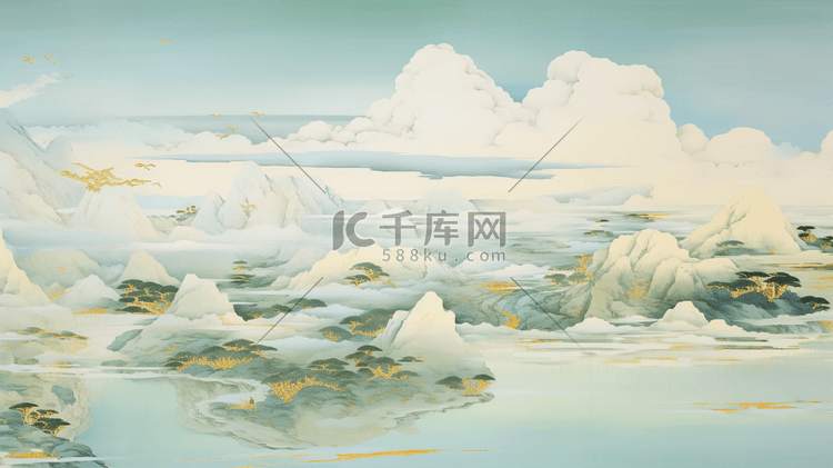 油画质感厚重青绿中国山水风景插画2