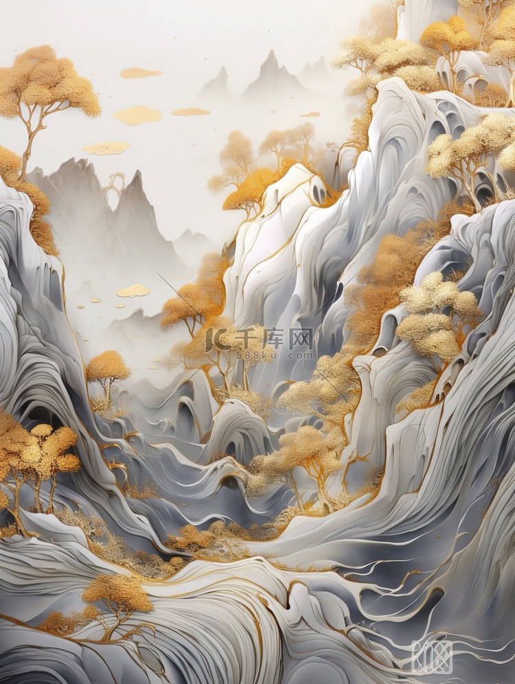 奢华金色笔触抽象中国山水画9