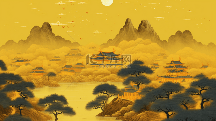 金色描金中国风山水建筑风景插画34