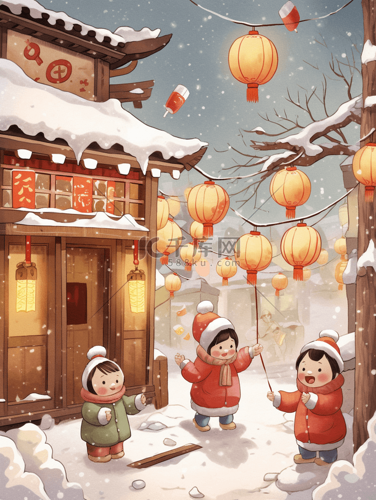 春节新年插画过年喜庆孩子快乐玩耍