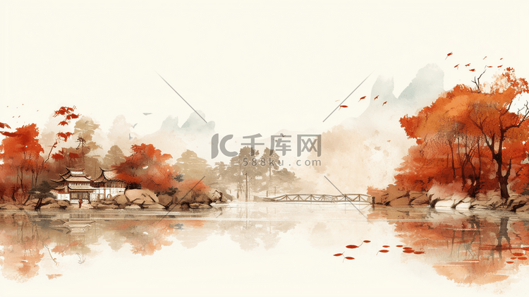 秋季金黄色落叶中国风风景17插画图片 千库网