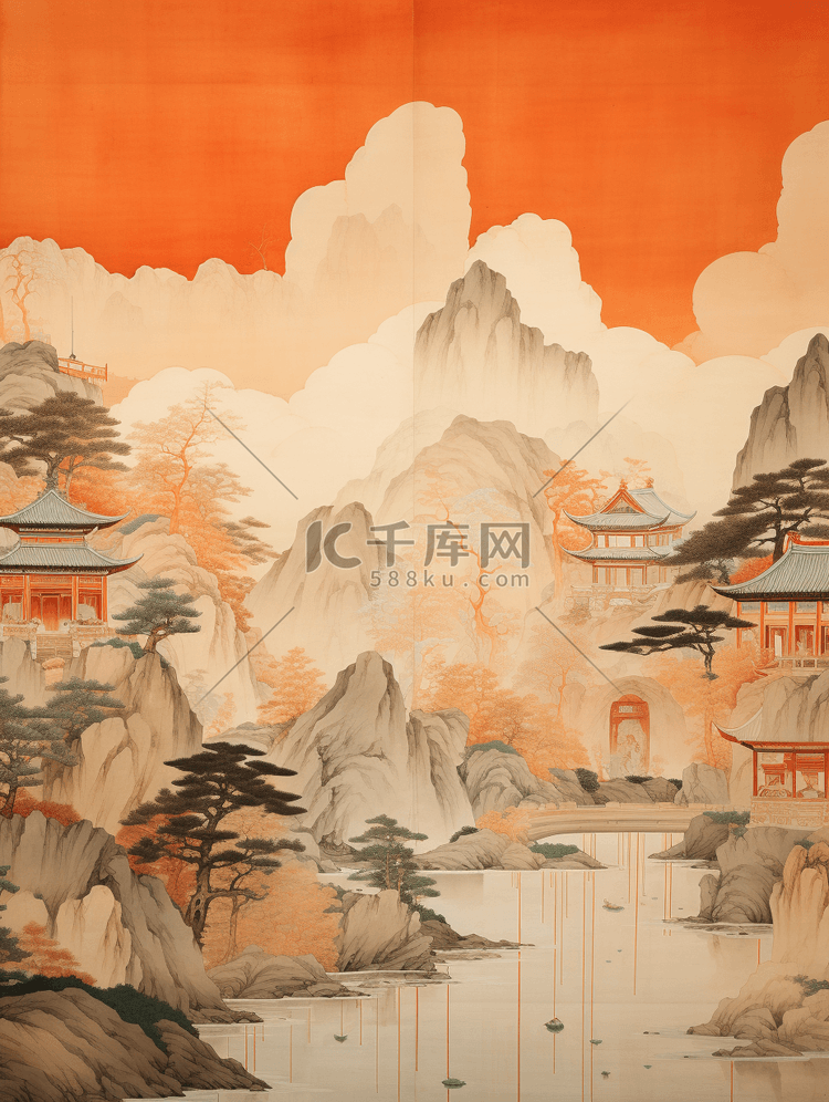 秋季中国风山水风景意境插画14