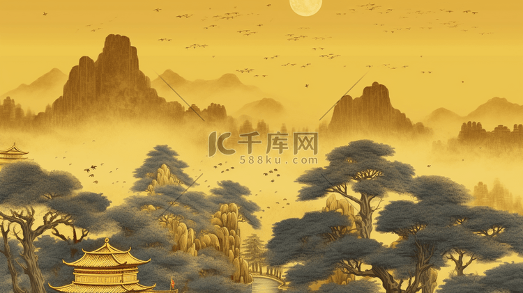 金色描金中国风山水建筑风景插画32