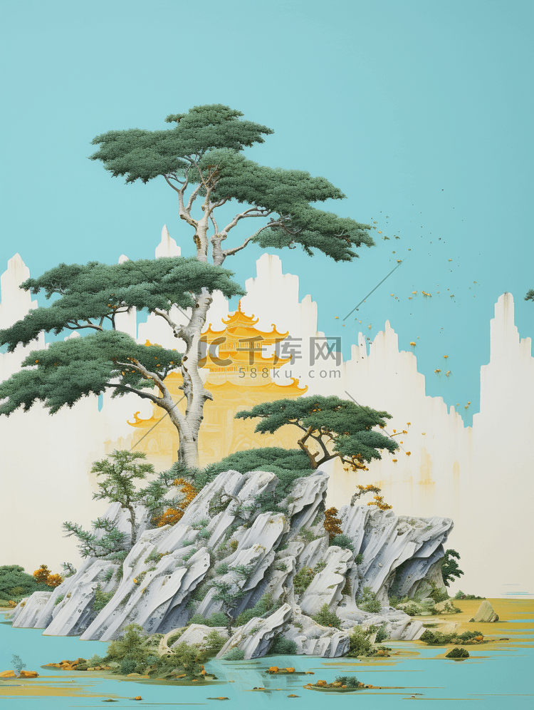 青绿色中国风山水风景古典插画1