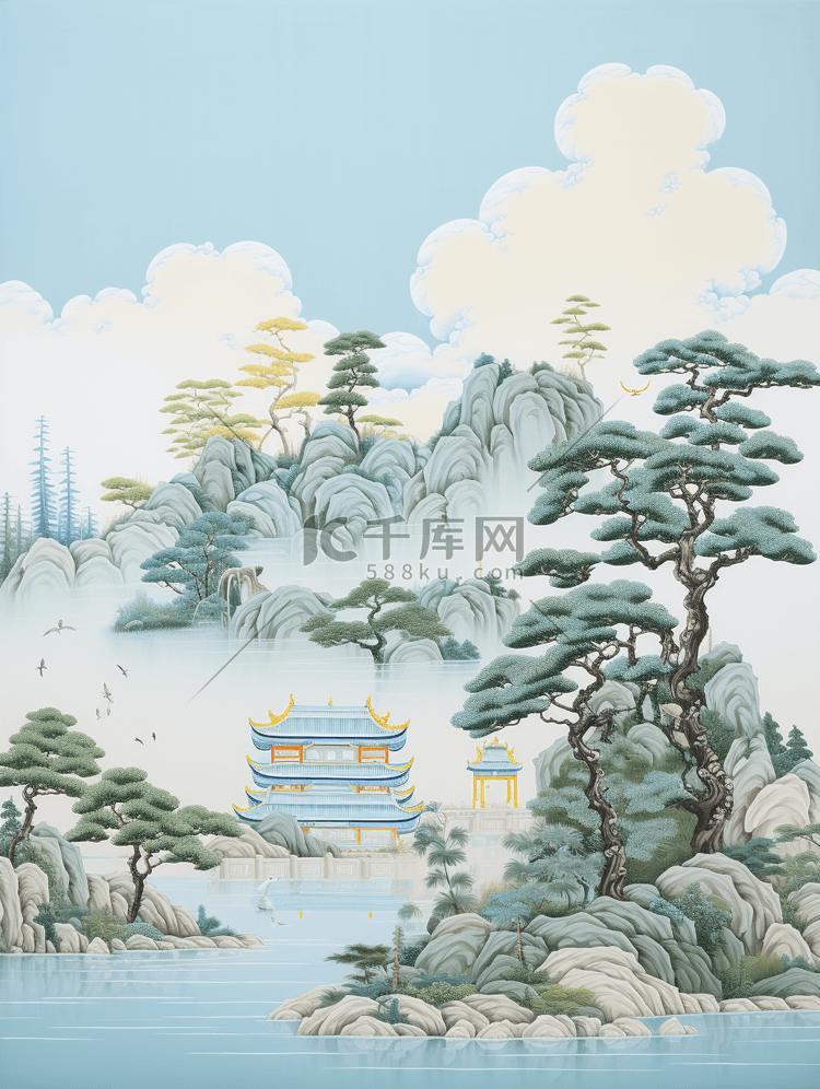 青绿色中国风山水风景古典插画36