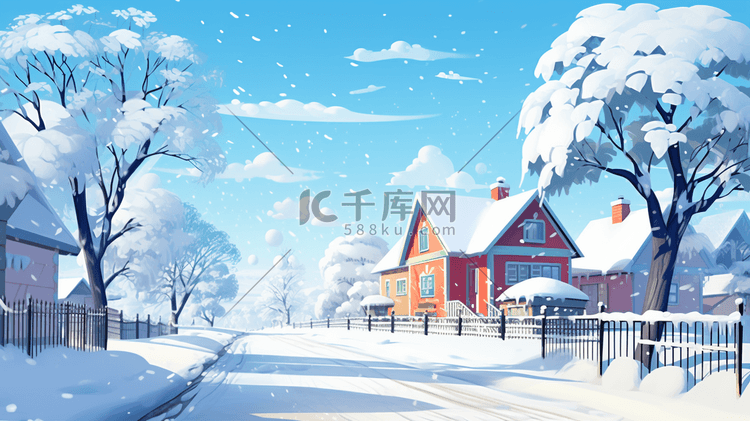 冬季唯美房屋建筑雪景插画18