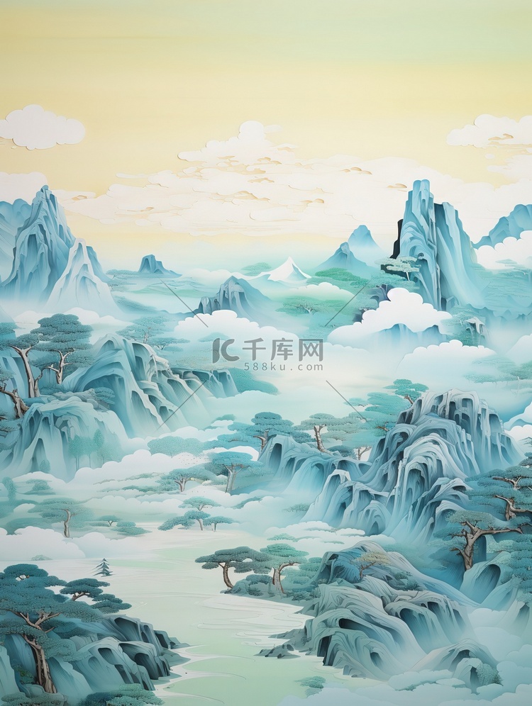 淡蓝色天空简约中国风山水画