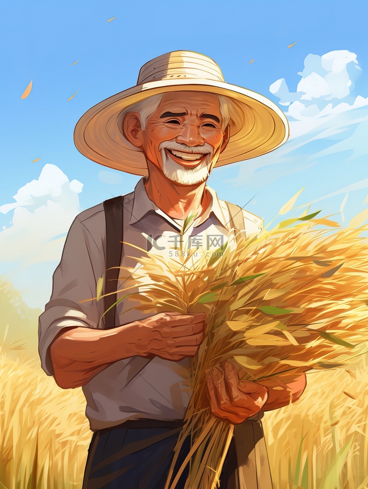 戴着草帽的农民手里拿着小麦2