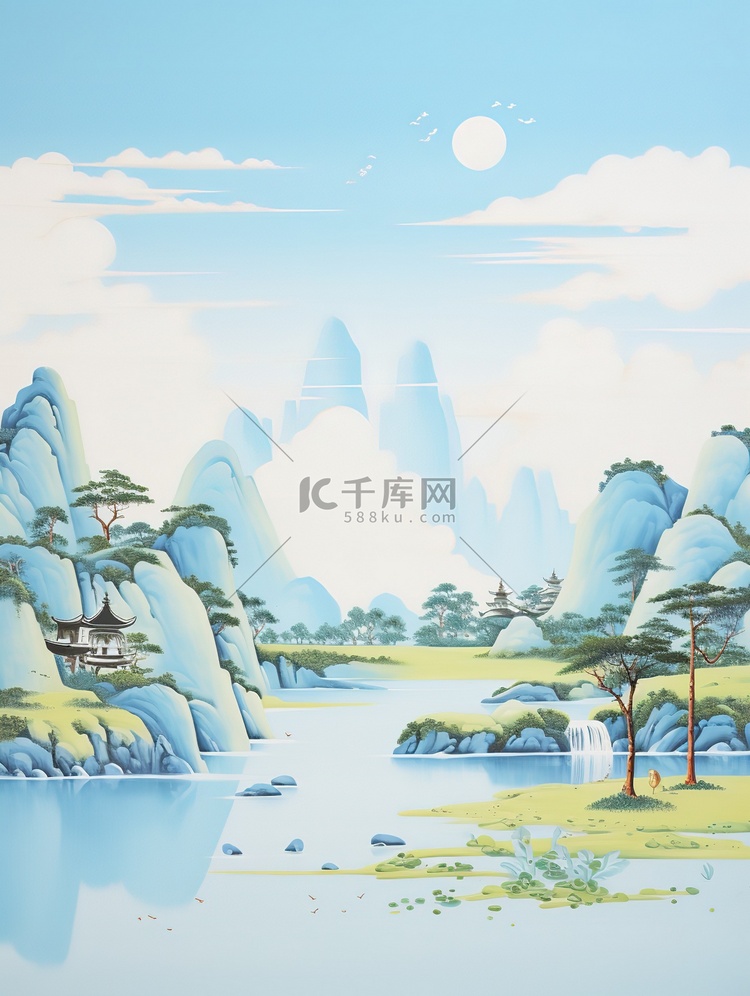 淡蓝色天空简约中国风山水画