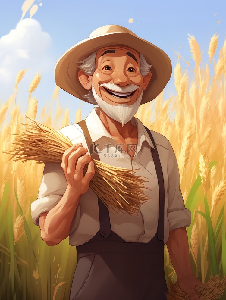 戴着草帽的农民手里拿着小麦15