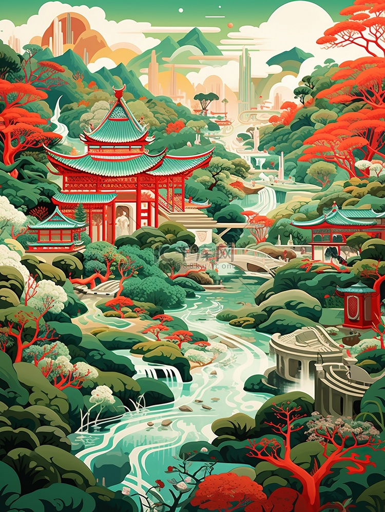 中国风景山水祖母绿和深红色19