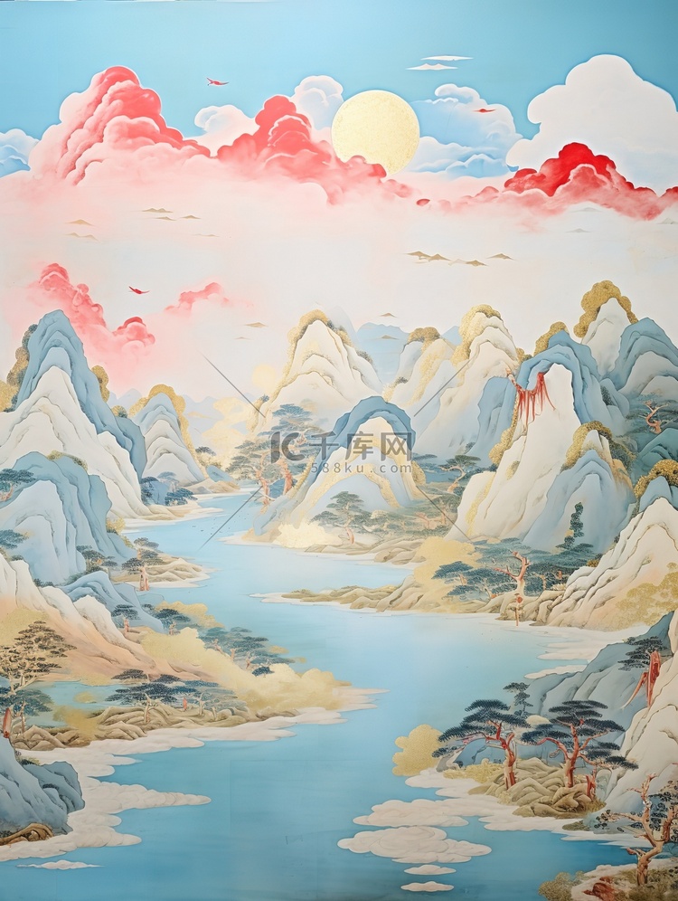 淡蓝色天空简约中国风山水画