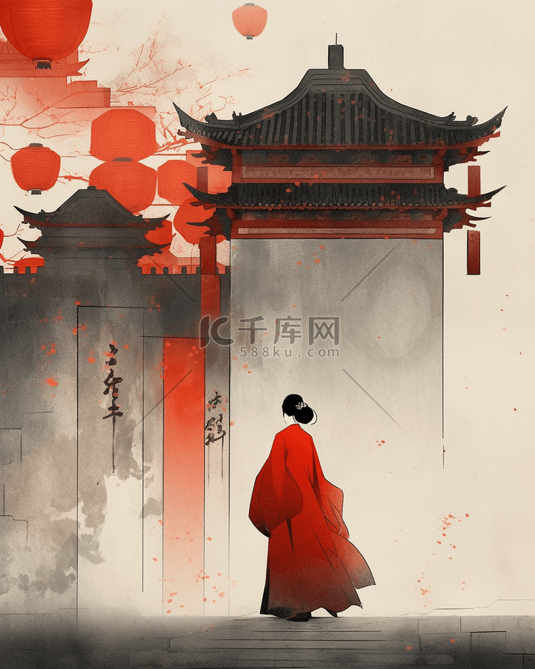 中国风国潮城墙中国红复古插画