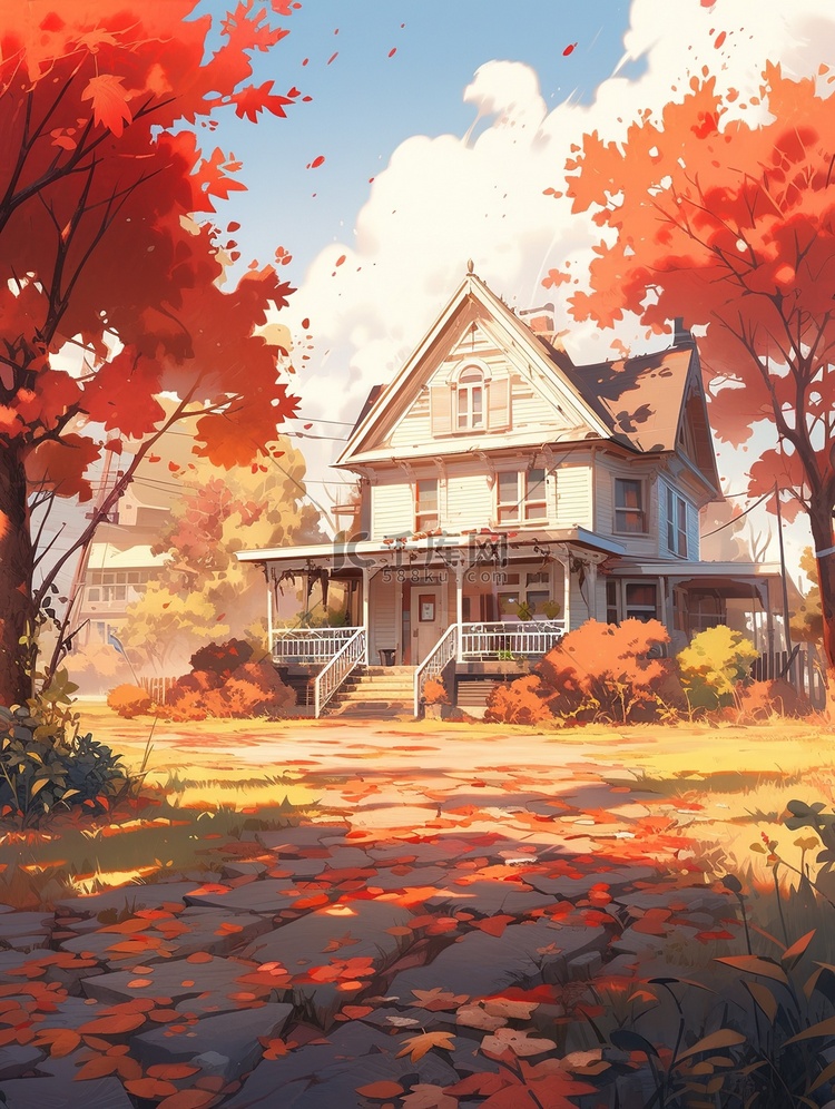 森林房子风景秋天落叶3插画图片 千库网