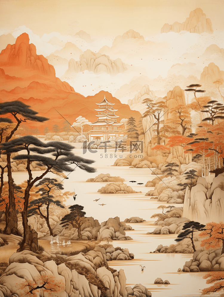 国潮复古壁画质感中国山水插画12