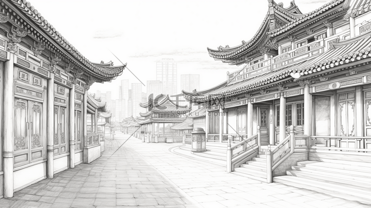 中国风手绘建筑线稿插画31