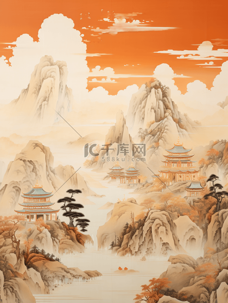 国潮复古壁画质感中国山水插画7