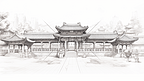 中国风手绘建筑线稿插画13