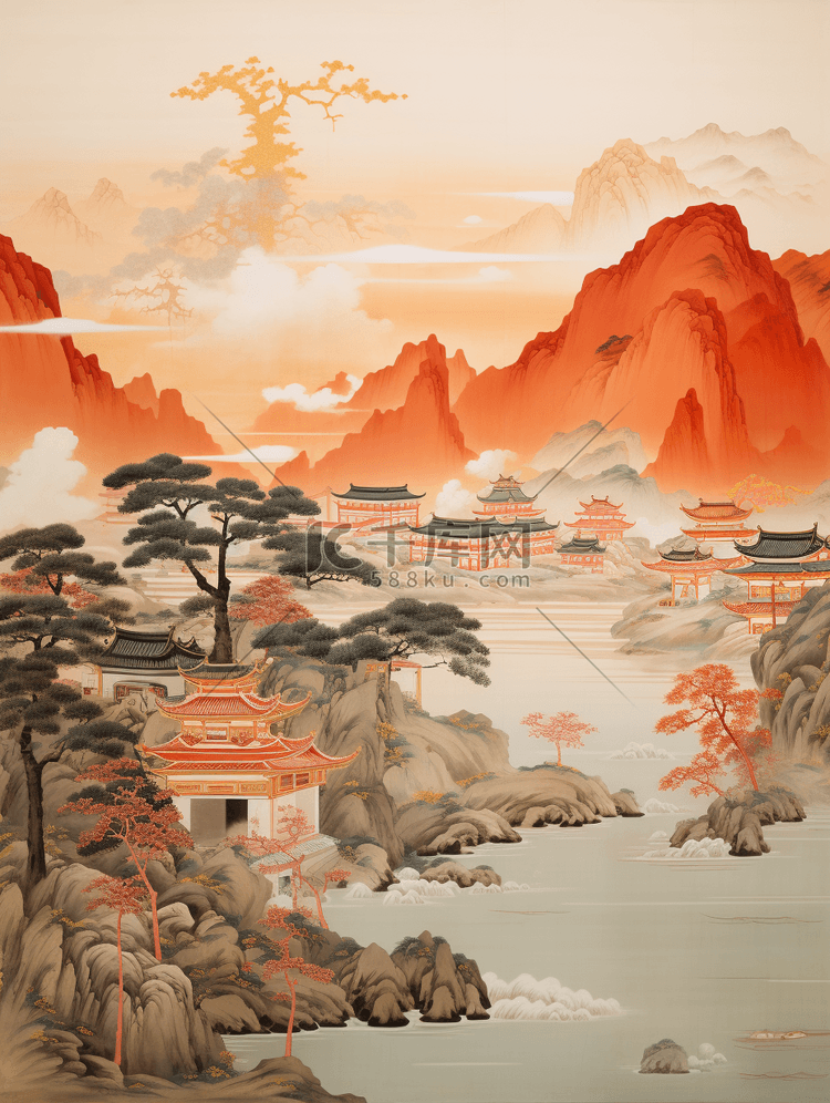 国潮复古壁画质感中国山水插画18