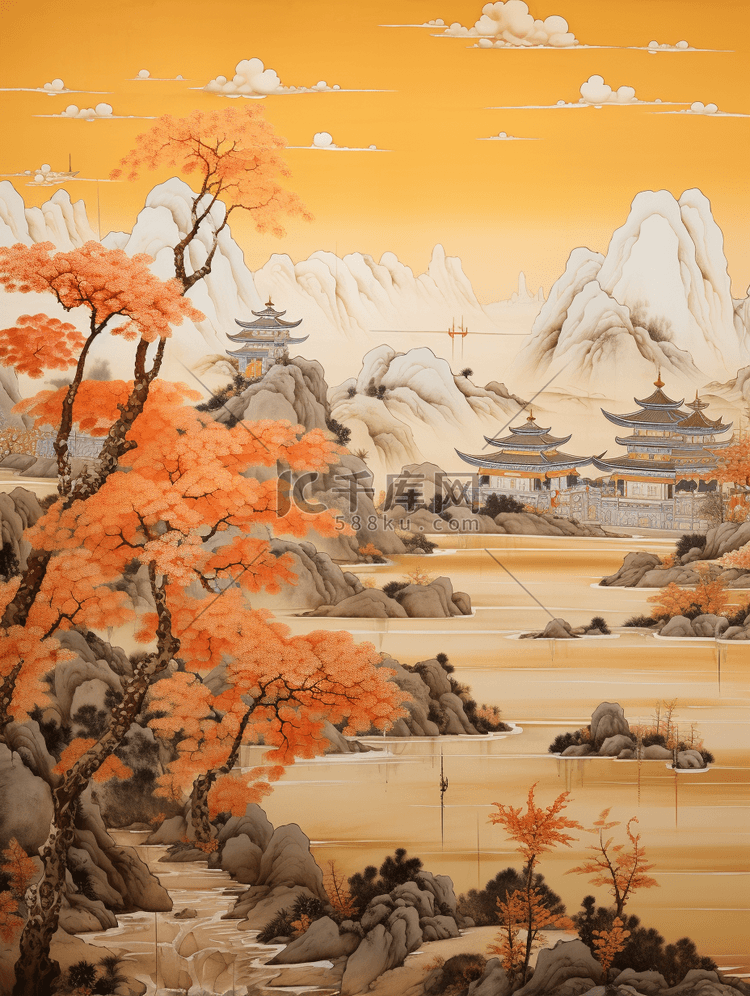 国潮复古壁画质感中国山水插画11