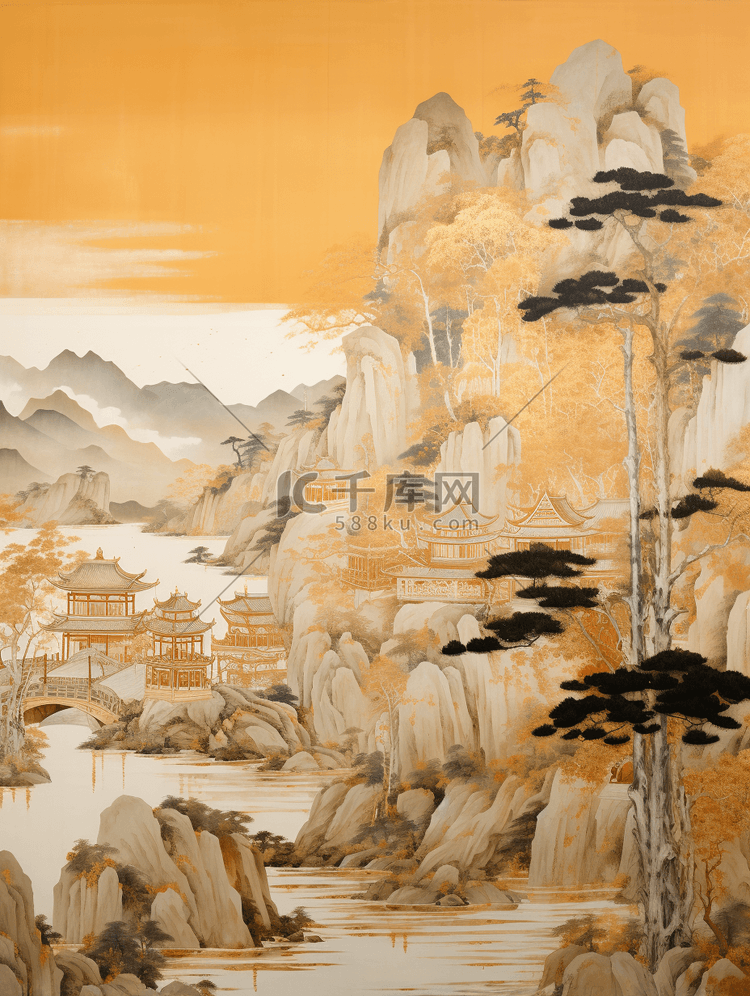 国潮复古壁画质感中国山水插画15