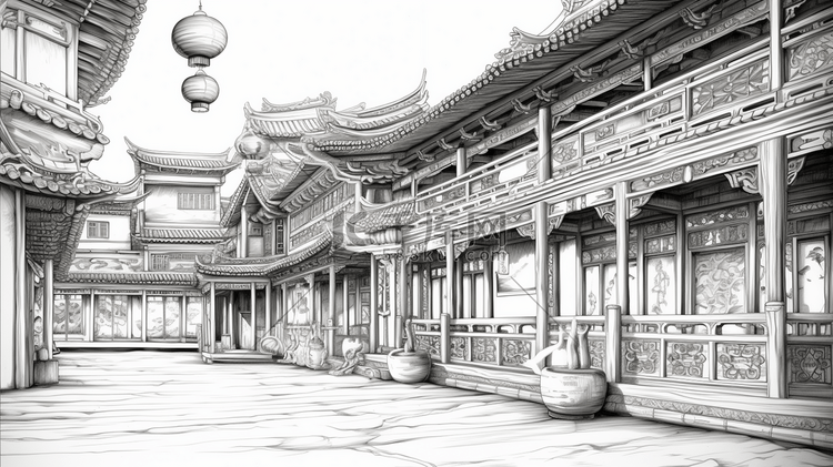 中国风手绘建筑线稿插画35