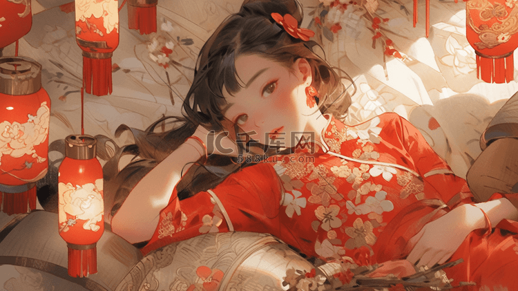 中国风国潮新年暴富锦鲤女孩插画