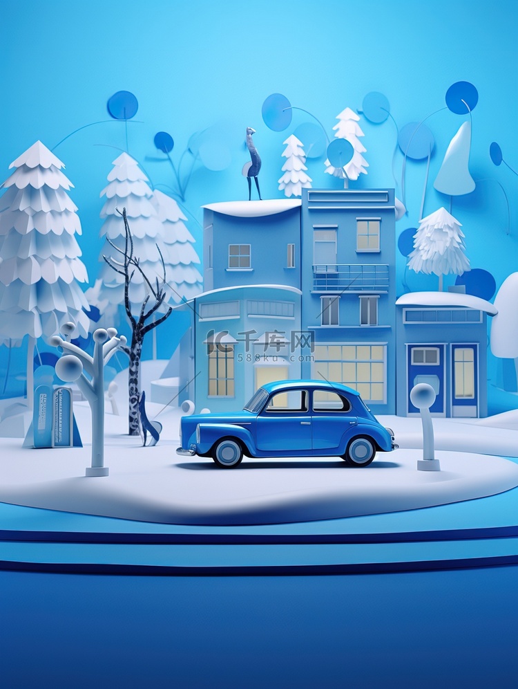 冬季蓝色汽车微观场景4