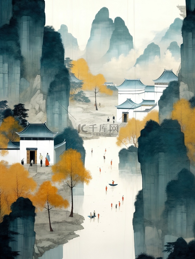 中国古建筑依山傍水水墨画1