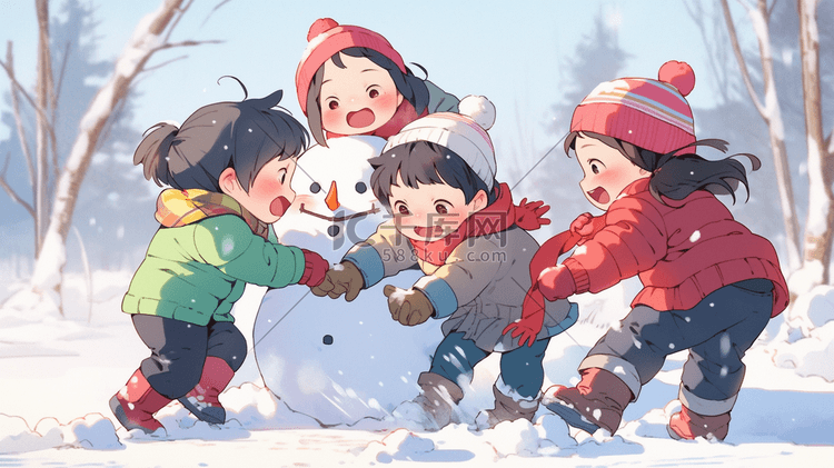 一群孩子在开心地堆雪人