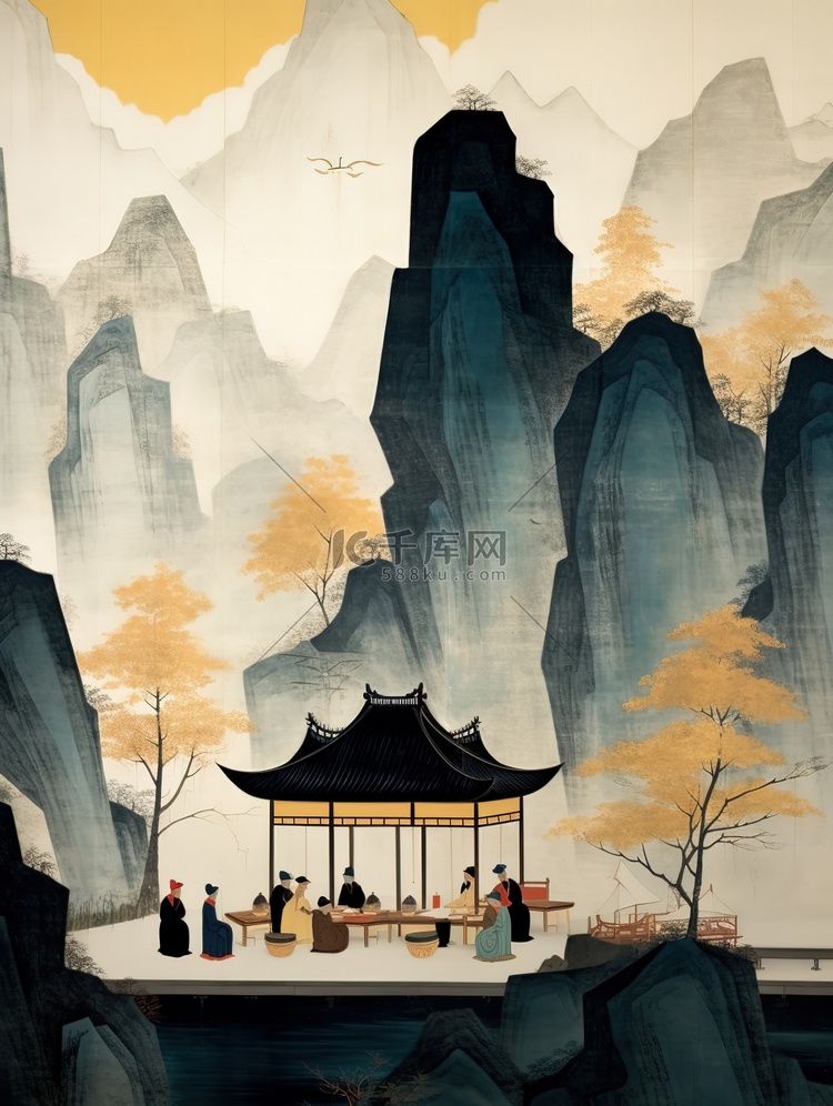 中国古建筑依山傍水水墨画7