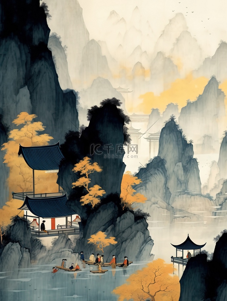 中国古建筑依山傍水水墨画3