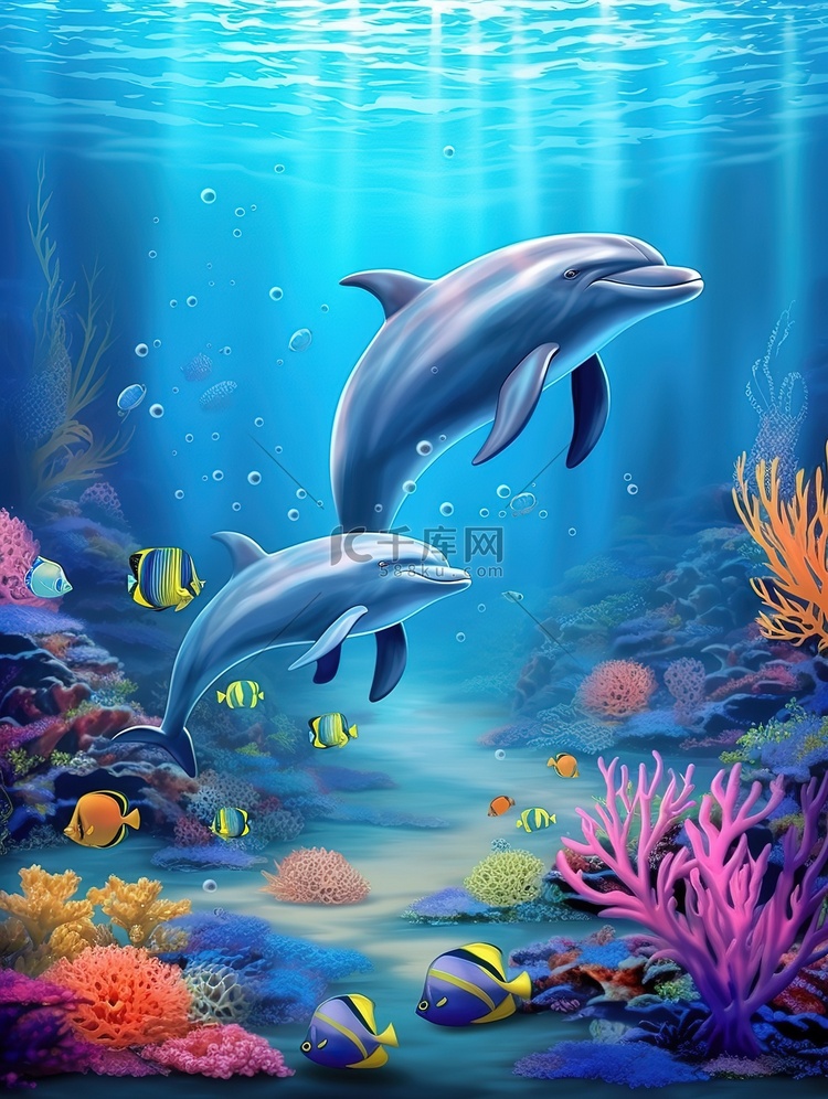 海底世界海豚珊瑚卡通插画8