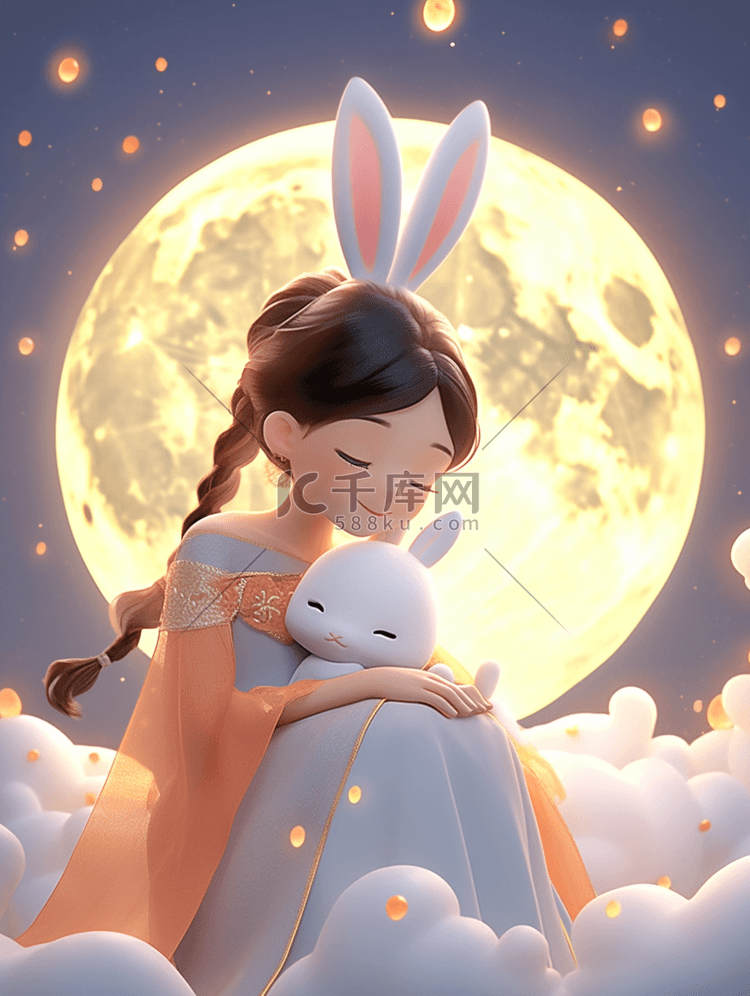 中秋节月圆团圆嫦娥仙女兔子3d插画