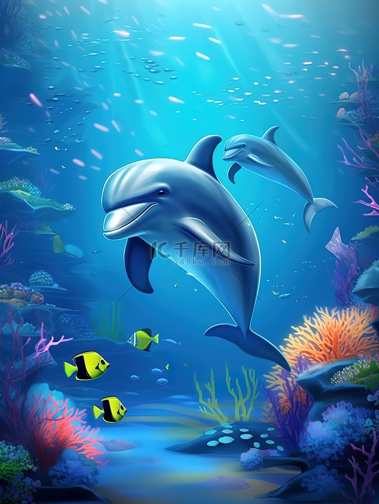 海底世界海豚珊瑚卡通插画6