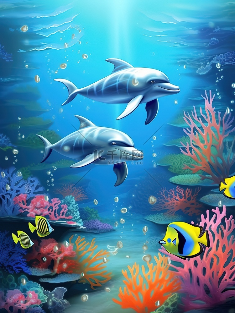 海底世界海豚珊瑚卡通插画16