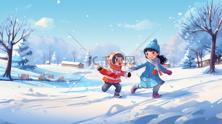 冬天儿童在雪地里打雪仗插画18