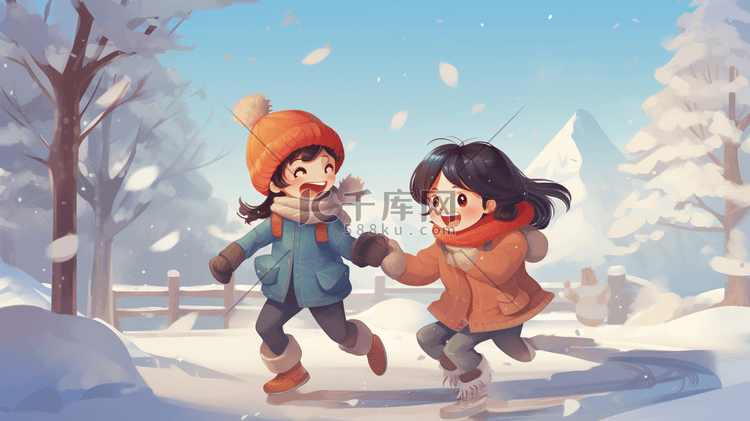 冬天儿童在雪地里打雪仗插画11