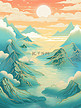 浅青色和金色中国风山水插画3