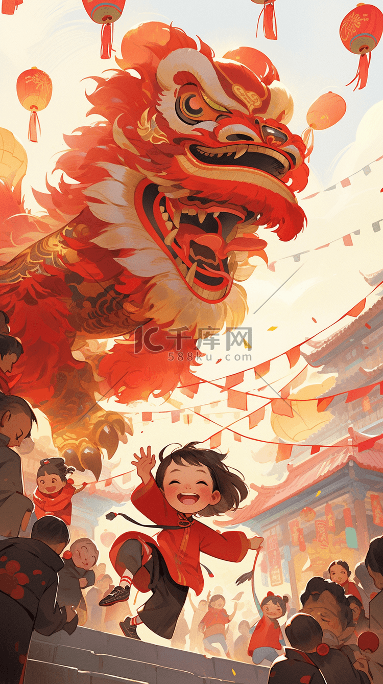 手绘中国风新年舞狮插画图片-千库网