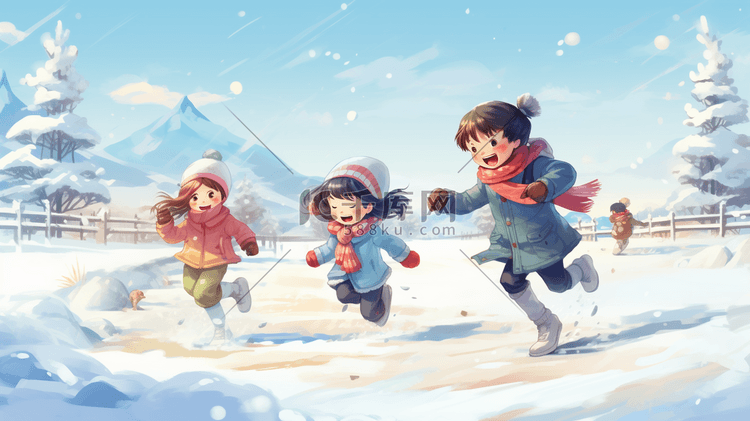 冬天儿童在雪地里打雪仗插画17